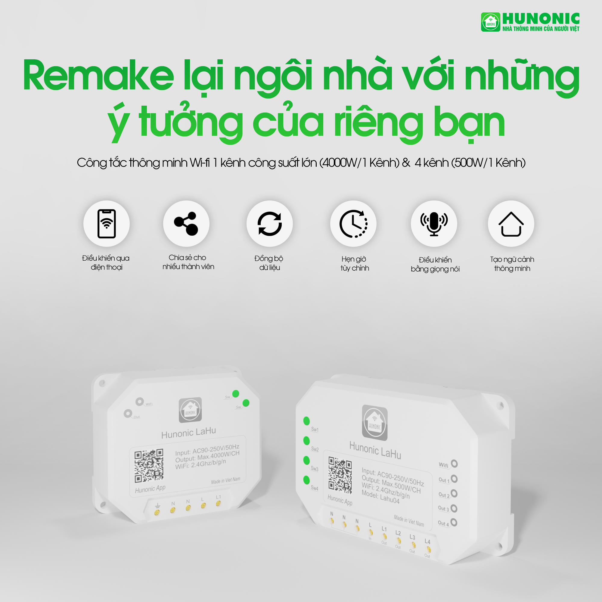 Công Tắc Thông Minh Hunonic Lahu 4 KÊNH RTC Tích Hợp IC Thời Gian Thực